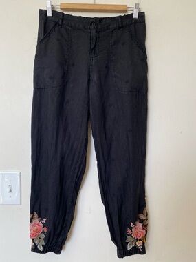 JOHNNY WAS JW Linen Floral Embroidered Cropped Jogger Pants Black Sz Small